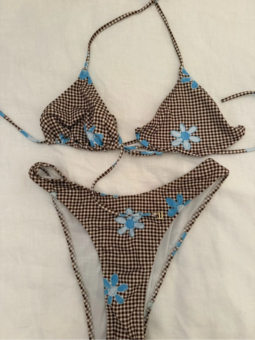 Heavy Manners Brown Gingham Triangle Bikini with Blue Floral